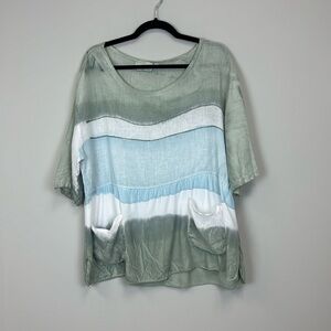 Belle France Linen Watercolor Coastal Blouse Top Pockets Made In Italy Small